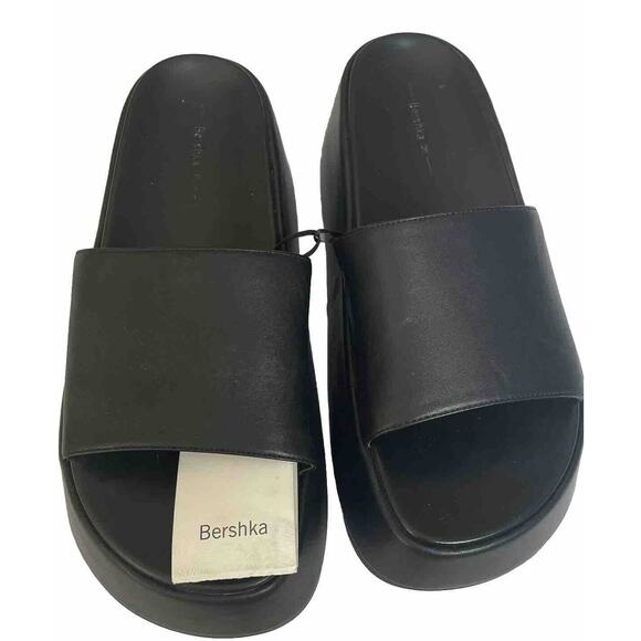 Bershka NWT Platform Slides Women's7.5 Sandals Round Toe Black Boho 90s Hippy - Picture 5 of 16